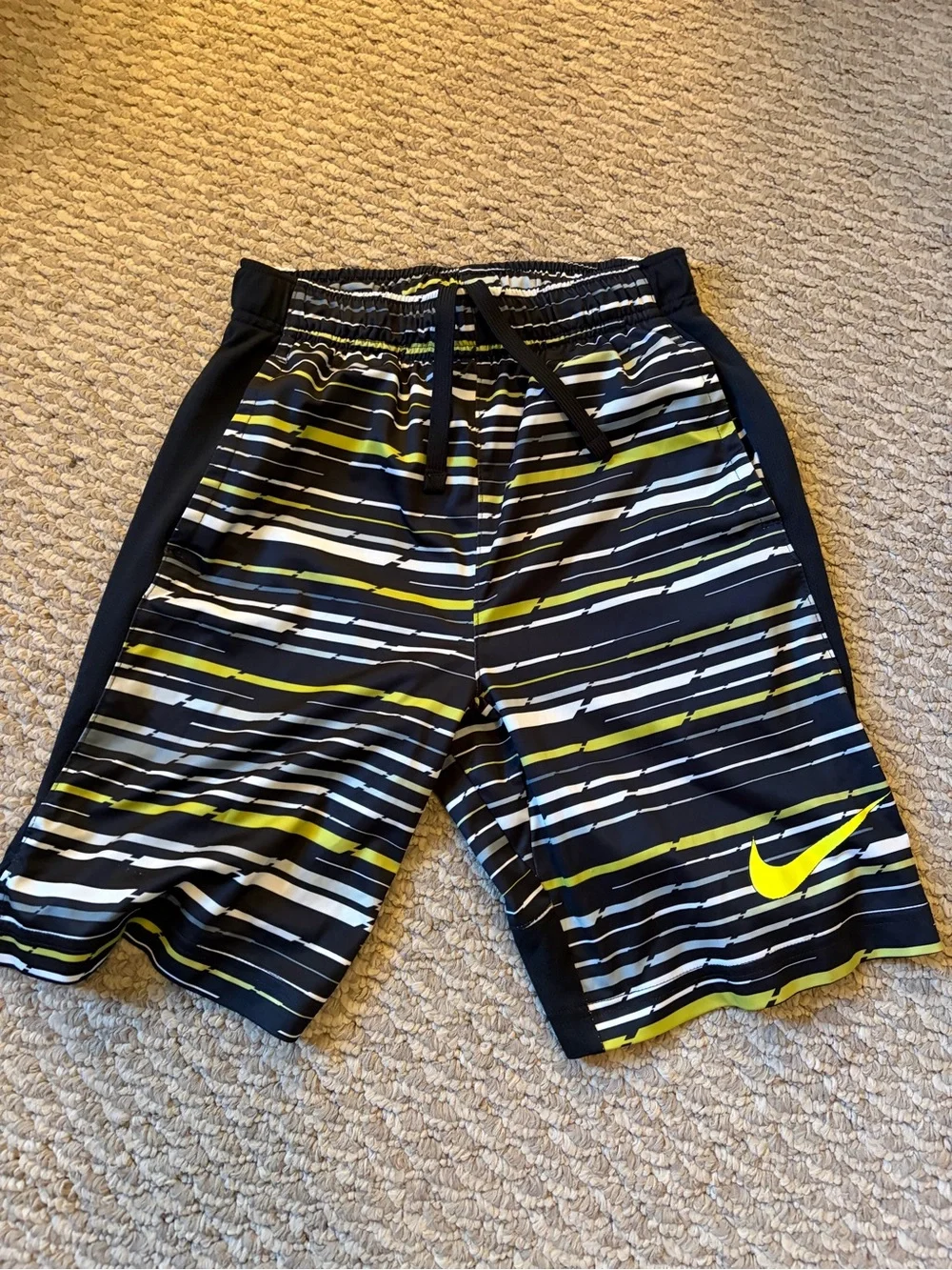 Nike Black, White & Neon Yellow Striped Boys Athletic Shorts